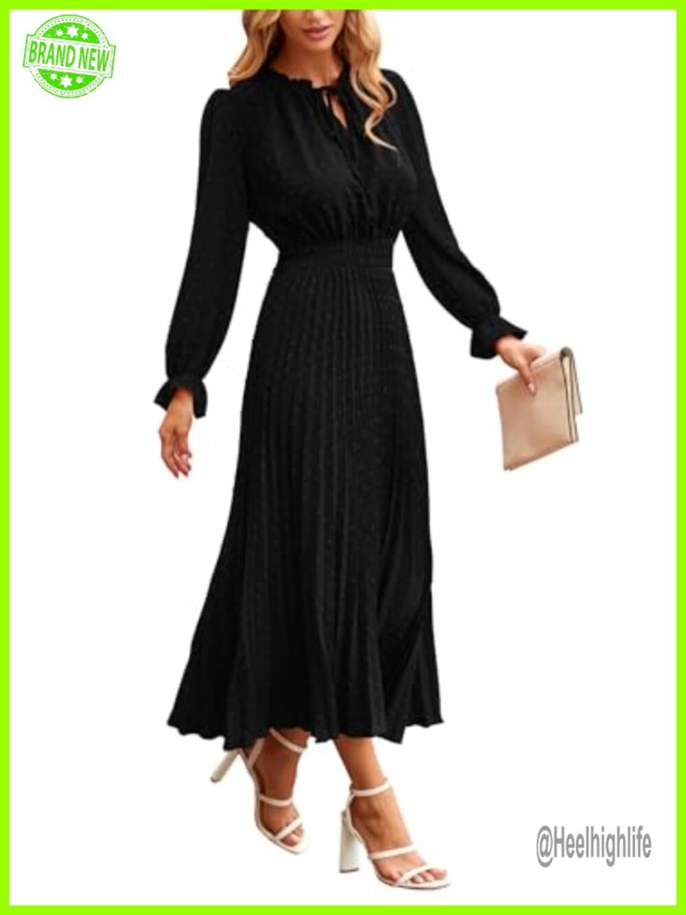 Women's Swiss Dot Midi Dress Tie V Neck Long Sleeve A-Line Flowy Wedding Guest